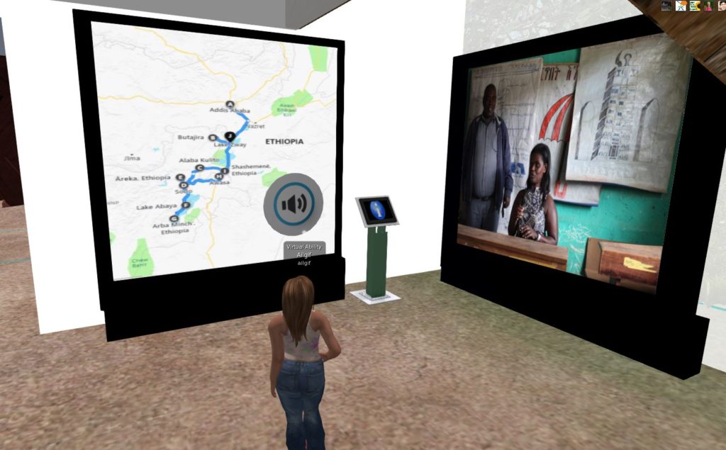 Mary Anne's avatar stands looking at an interactive sound map of Ethiopia inside Abby's Dream Journey's Second Life story exhibit